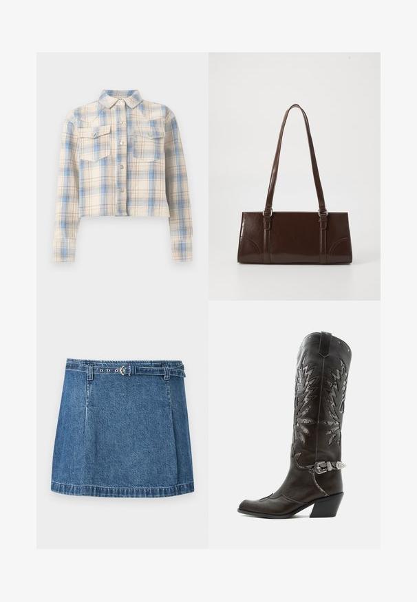 Chemise courte boutonnée avec manches longues et poches à rabat sur la poitrine, présentant un motif à carreaux beige, bleu et marron clair.; Mini-jupe en denim bleu avec ourlet cousu et fine ceinture assortie avec boucle argentée, posée à plat sur un fond clair.; Botte de cowboy en cuir noir avec découpes décoratives, boucle argentée et talon incliné, présentée sur fond blanc.; Sac à main en cuir verni marron de forme rectangulaire, avec deux longues poignées et des accents courbés subtils à l'avant.