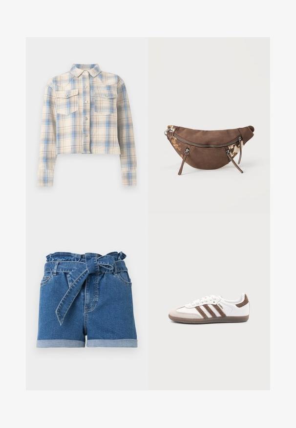 Chemise courte boutonnée avec manches longues et poches à rabat sur la poitrine, présentant un motif à carreaux beige, bleu et marron clair.; Shorts en denim bleu avec ourlets roulés et taille haute, dotés d'une ceinture en tissu nouée et de passants de ceinture.; Baskets Adidas Samba blanches avec des bandes en daim marron, semelle en caoutchouc marron et bout en daim beige, vues du côté extérieur sur un fond uni.; Sac banane en daim marron et toile avec accents à motif animalier, trois poches zippées et sangle réglable sur un fond uni.