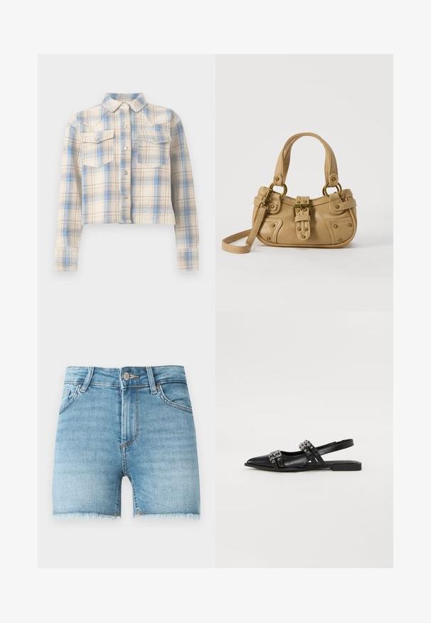 Chemise courte boutonnée avec manches longues et poches à rabat sur la poitrine, présentant un motif à carreaux beige, bleu et marron clair.; Shorts en denim bleu clair avec un ourlet effiloché, cinq poches et une fermeture à bouton à l'avant. Présente une légère décoloration et une coupe classique.; Even&Odd by Zalando Ballerines à brides arrière - black; Sac à main en cuir beige avec double poignées, boucle en laiton et détails rivetés, ainsi qu'une bandoulière réglable sur fond blanc.