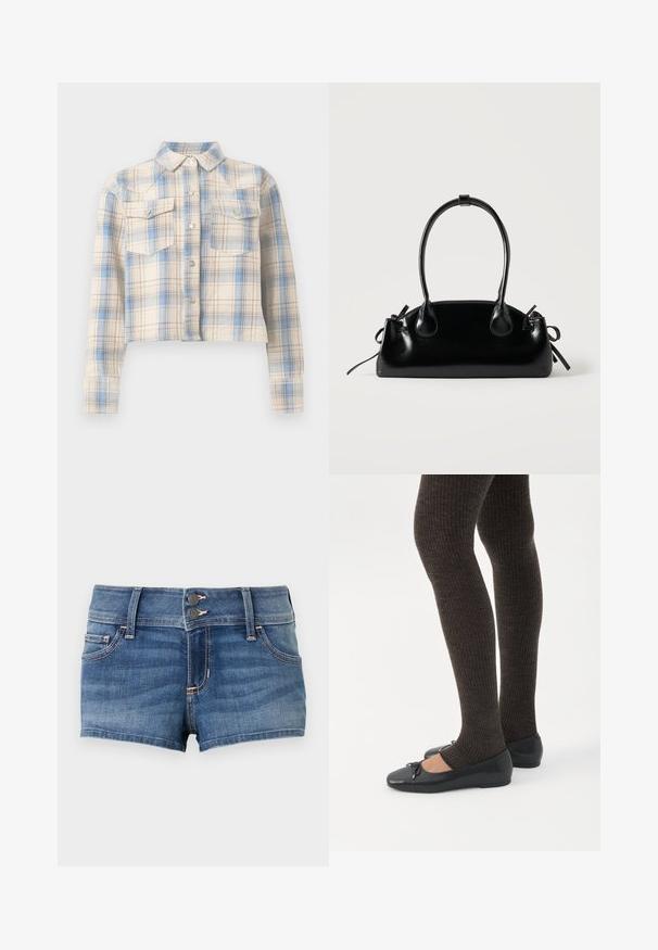 Chemise courte boutonnée avec manches longues et poches à rabat sur la poitrine, présentant un motif à carreaux beige, bleu et marron clair.; Shorts en jean bleu avec fermeture à double bouton, passants pour ceinture, poches avant, et détails délavés sur un fond uni.; Jambes portant des leggings côtelés foncés associés à des ballerines noires avec de petits détails en nœud sur fond blanc.; Petit sac à main noir brillant avec deux longues anses et des détails à cordon sur les côtés sur un fond clair uni.
