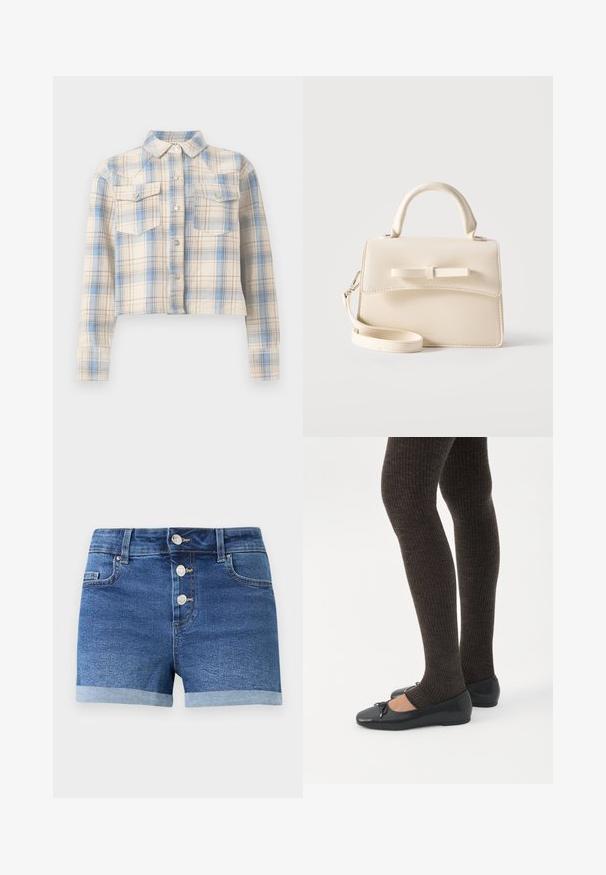 Chemise courte boutonnée avec manches longues et poches à rabat sur la poitrine, présentant un motif à carreaux beige, bleu et marron clair.; Shorts en denim bleu avec trois boutons métalliques, ourlets roulés, passants pour ceinture et poches avant sur un fond blanc uni.; Jambes portant des leggings côtelés foncés associés à des ballerines noires avec de petits détails en nœud sur fond blanc.; Petit sac à main beige avec poignée supérieure, bandoulière amovible, rabat avant et nœud horizontal décoratif sur un fond uni.