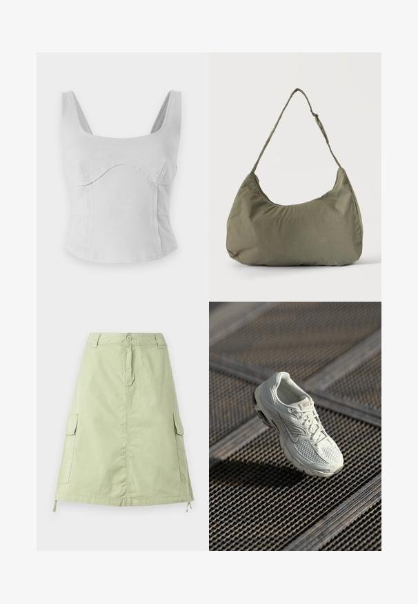 Grå bomulds crop top med firkantet halsudskæring, brede stropper og buede sømme. Glat overflade med tætsiddende design og ingen synlig hardware.; Lys grøn bomuldsknælang nederdel med to sidelommer, en knaplukning og en afslappet lige pasform. Ensartet tekstur.; Hvide Nike løbesko med overdel i mesh og syntetisk materiale, som hviler på metalristgulv i blødt naturligt lys.; Skuldertaske i blødt olivengrønt stof med lynlås og justerbar rem på ensfarvet, lyst baggrund.