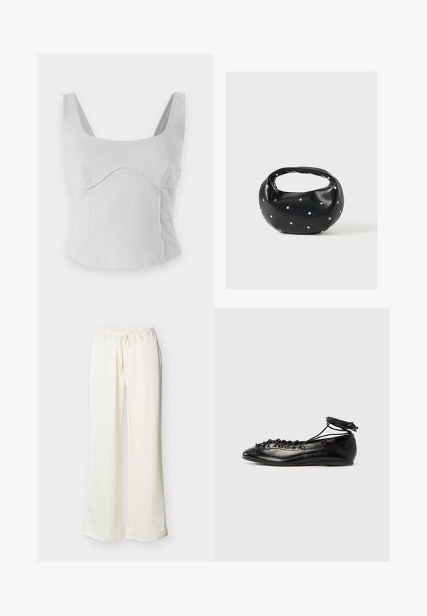 Γκρίζο βαμβακερό crop top με τετράγωνη λαιμόκοψη, φαρδιές τιράντες και καμπύλες ραφές. Λείο ύφασμα με εφαρμοστή σχεδίαση και χωρίς ορατό υλικό.; Εκρού φαρδιά παντελόνια με ελαστική μέση και κορδόνι στη μπροστινή όψη, παρουσιάζονται σε απλό ανοιχτό φόντο.; Μαύρα μπαλαρίνια από δερμάτινο λουστρίνι με στρογγυλερή μύτη, σχέδιο με κορδόνια και επίπεδη σόλα. Ομαλή υφή με ελάχιστες λεπτομέρειες.; Μαύρη δερμάτινη τσάντα χειρός με στρογγυλεμένο σχήμα, διακοσμημένη με ασημένιες λεπτομέρειες με καρφιά και κοντή λαβή. Λείο υλικό και κλείσιμο με φερμουάρ.