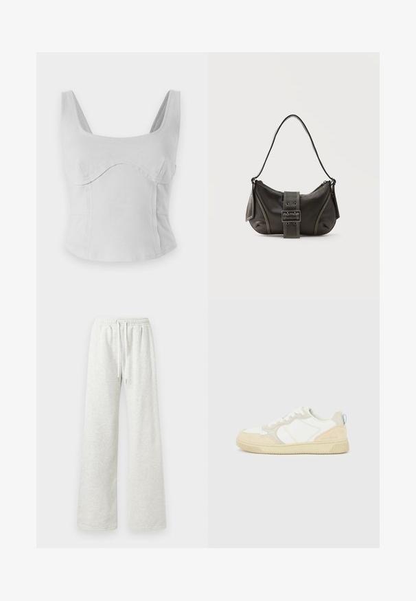 Grå bomulds crop top med firkantet halsudskæring, brede stropper og buede sømme. Glat overflade med tætsiddende design og ingen synlig hardware.; Lys grå brede sweatpants med elastisk talje og hvide snore, vist på en simpel hvid baggrund.; Hvid og beige sneaker med en overdel i ruskind og tekstil, med kontrastsyninger, en gummisål og en lyseblå detalje på hælen.; Sort læder skuldertaske med spænde på remmen, afrundede kanter og kontrasterende hvide syninger på en ensfarvet baggrund.