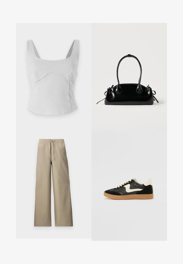 Grå bomulds crop top med firkantet halsudskæring, brede stropper og buede sømme. Glat overflade med tætsiddende design og ingen synlig hardware.; Beige vidde bukser med elastisk talje og snor, med en glat stofoverflade og sidelommer.; Sorte ruskinds- og lædersneakers med en cremefarvet side-swoosh og lys cremefarvet hæl. Har beige snørebånd og en gummirubber-sål.; Lille sort blank håndtaske med to lange håndtag og snøre-detaljer i siden på en ensfarvet lys baggrund.