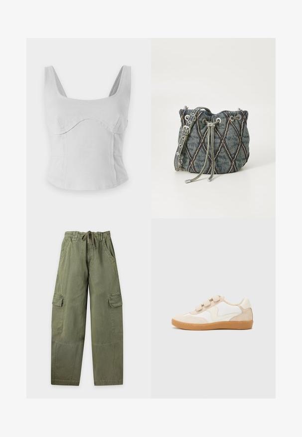 Grå bomulds crop top med firkantet halsudskæring, brede stropper og buede sømme. Glat overflade med tætsiddende design og ingen synlig hardware.; Olivenfarvede cargobukser med snøre i taljen, sidelommer, klaplåslommer på lårene og lige, vide ben.; Sneakers i hvid og beige læder med nubuck-detaljer, der har en rund tå, tre velcrobånd og en gummisål.; Denim spandabeltaske med diamant quiltet mønster, grå snøring, sølv hardware detaljer og blød tekstur, med en aftagelig rem.