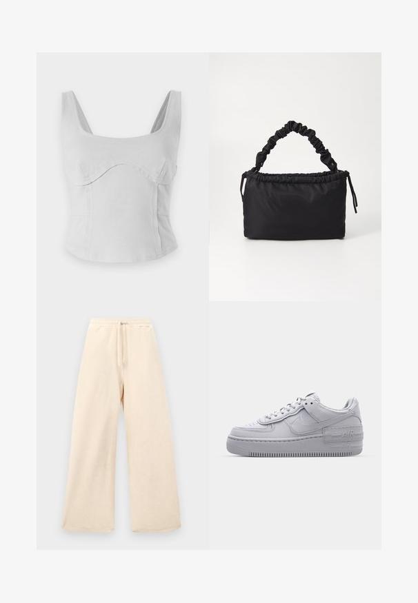 Sivý bavlnený crop top so štvorcovým výstrihom, širokými ramienkami a zakrivenými švami. Hladká textúra s priliehavým dizajnom a bez viditeľného kovania.; Dlhé nohavice s širokými nohavicami v svetlej béžovej farbe, vyrobené z textúrovanej tkaniny. Obsahujú elastický pás s šnúrkou. Jednoduchý, nezdobený dizajn.; Šedé tenisky Nike Air Force 1 s perforovanou špičkou, hladkým koženým zvrškom, hrubou podrážkou a embosovaným detailom 'AIR' na päte.; Čierna taška vyrobená z mäkkej, hladkej textílie. Má zozbieranú rúčku a sťahovaciu šnúrku, s obyčajným obdĺžnikovým tvarom a bez viditeľného kovania.