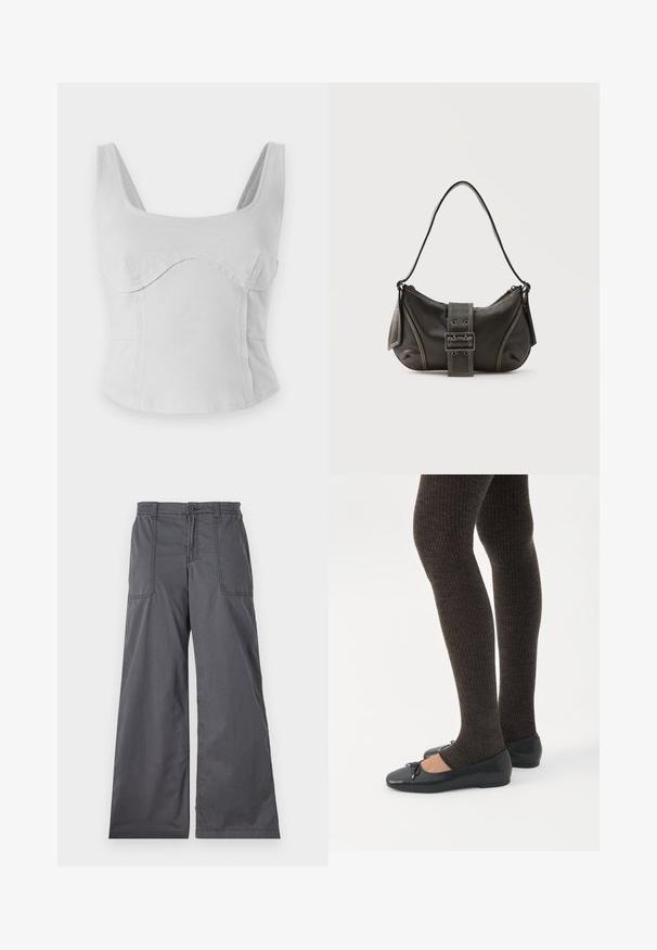 Γκρίζο βαμβακερό crop top με τετράγωνη λαιμόκοψη, φαρδιές τιράντες και καμπύλες ραφές. Λείο ύφασμα με εφαρμοστή σχεδίαση και χωρίς ορατό υλικό.; Γκρι παντελόνια με φαρδιά ποδιά και λεία υφή, με μπροστινές τσέπες, κλείσιμο με κουμπί και ραφές που τονίζουν τις ραφές.; Πόδια με σκουρόχρωμα ριμπ κολάν συνδυασμένα με μαύρα μπαλαρίνα παπούτσια με μικρές λεπτομέρειες φιόγκων σε λευκό φόντο.; Μαύρη δερμάτινη τσάντα ώμου με λεπτομέρεια ιμάντα με πόρπη, καμπυλωτές άκρες και αντίθετη λευκή ραφή σε απλό φόντο.