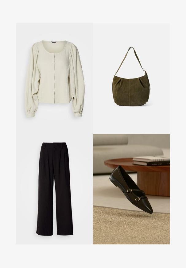 Blouse beige clair en tissu texturé, avec un col rond, une fermeture à boutons à l'avant et des manches longues bouffantes avec des détails froncés.; Pantalon large noir en tissu lisse, avec des plis à l'avant, une taille ajustée, et sans motifs ni accents visibles.; Chaussure plate noire à bout pointu avec deux fines brides à boucle flottant au-dessus d'un tapis beige, avec une table basse en bois et des livres en arrière-plan.; Sac bandoulière en daim vert olive avec une sangle, un détail de couture centrale et une tirette de fermeture éclair latérale, sur un fond clair uni.