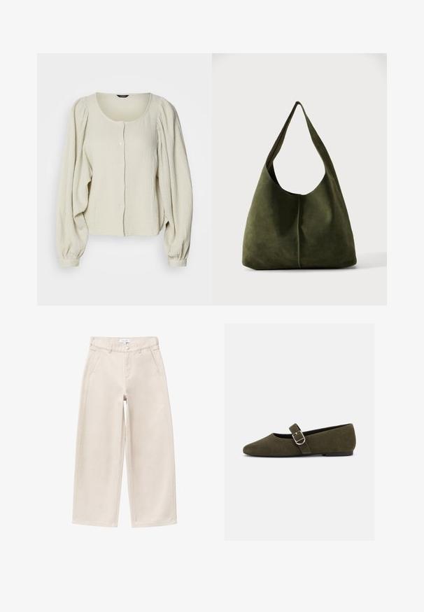 Blouse beige clair en tissu texturé, avec un col rond, une fermeture à boutons à l'avant et des manches longues bouffantes avec des détails froncés.; Pantalon beige à jambes larges avec poches avant, passants pour ceinture et fermeture par bouton, présenté à plat sur un fond blanc.; Chaussure plate Mary Jane en daim vert olive avec bride à boucle argentée et bout arrondi, présentée sur fond blanc.; Grand sac bandoulière souple en daim vert olive avec une large sangle et une forme douce et non structurée sur un fond uni.