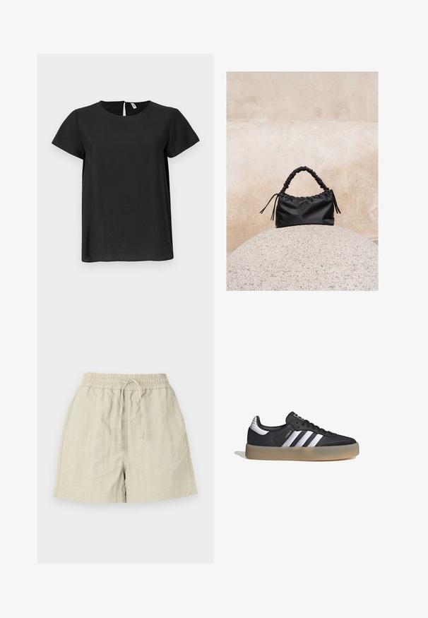 Top negro de manga corta con escote redondo y corte recto. Presenta un ligero brillo y una apertura con forma de llave en la parte posterior.; Shorts de color beige claro, hechos de una tela texturizada, con una cinturilla elástica y un cordón, que cuentan con bolsillos laterales y un corte relajado.; Zapatilla deportiva de cuero negro con tres rayas plateadas, punta texturizada y suela de goma. Cuenta con un collar acolchado y un diseño con cordones.; Bolso negro fruncido con asa recogida, apoyado sobre una esfera de piedra texturizada frente a una pared de hormigón beige.
