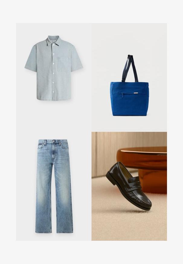 Chemise bleu clair à manches courtes avec boutons, col et poche poitrine, en tissu texturé.; Jean droit en denim bleu clair avec taille haute, cinq poches, fermeture à boutons et léger délavage sur les cuisses et les genoux.; Mocassin en cuir noir brillant avec un détail de bride, posé sur un tapis beige près d'une table basse ronde en bois brun dans une pièce doucement éclairée.; Sac fourre-tout en toile bleue avec une poche zippée à l'avant, des doubles bretelles et une forme rectangulaire. Dispose d'une étiquette de marque discrète.