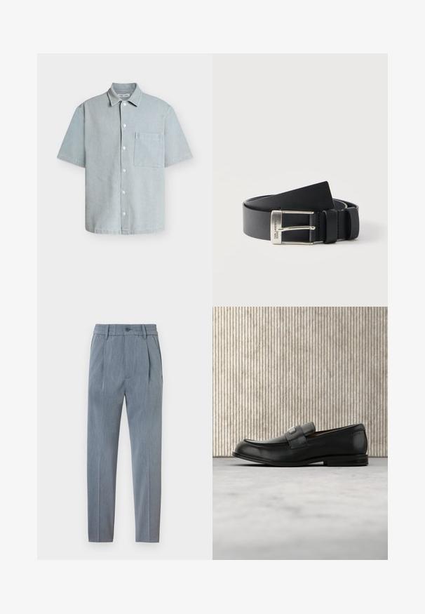 Chemise bleu clair à manches courtes avec boutons, col et poche poitrine, en tissu texturé.; Pantalon gris clair ajusté avec plis à l'avant, poches latérales, passants pour ceinture et fermeture par bouton à la taille.; Mocassin en cuir noir avec une plaque de marque en métal reposant près d'une table ronde marron sur un sol recouvert de moquette beige.; Ceinture en cuir noir enroulée, boucle rectangulaire argentée gravée de "Karl Lagerfeld Jeans", sur fond blanc uni.