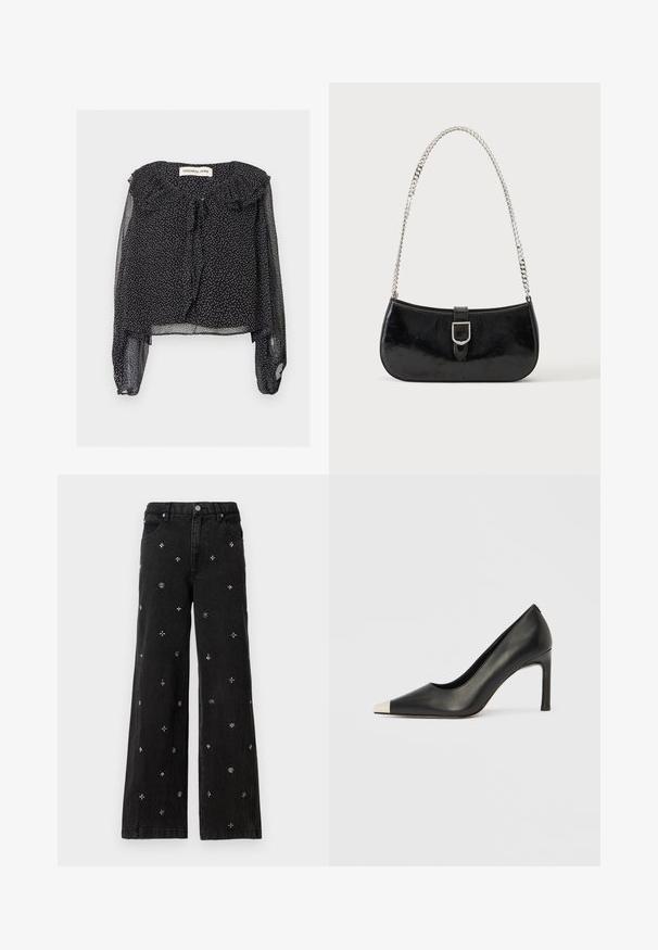 Blouse noire transparente à pois blancs, manches longues bouffantes, col froncé et lien à l'encolure, présentée à plat sur fond blanc.; Jeans noirs à jambe large en denim ornés de perles en argent et de broderies complexes avec des motifs floraux et géométriques.; Chaussure à talon haut en cuir noir avec bout pointu et capuchon argenté métallique. Présente une finition lisse et un talon fin de 10 cm.; Sac à épaule en cuir verni noir avec détail de boucle argentée et bandoulière en chaîne argentée, présenté sur un fond uni clair.