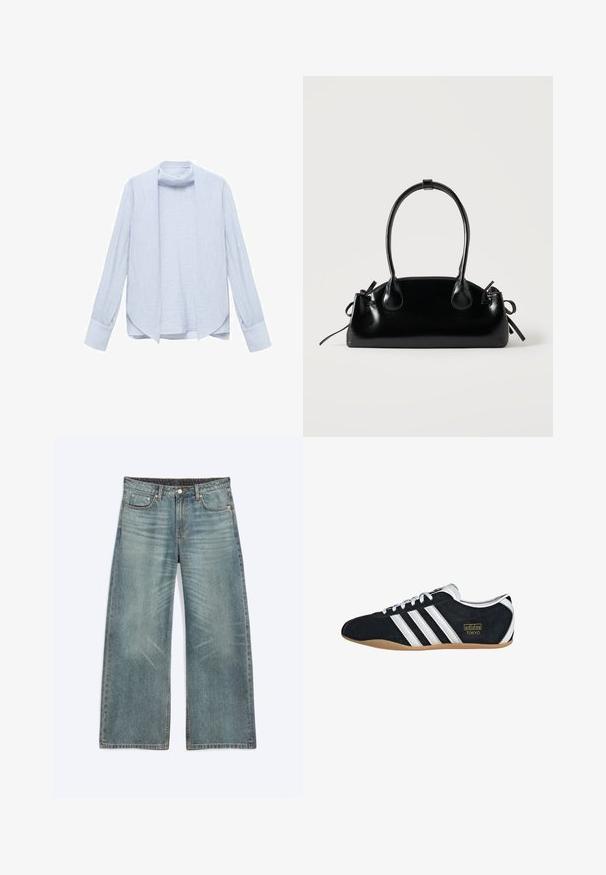 Lichtblauw, langetermijnshirt van textiel met een open voorkant en een subtiele kraag. Heeft gefronste mouwen en een comfortabele pasvorm.; Blauwe wijde denim jeans met voorzakken, riemlussen, knoopsluiting en subtiele vervaagde details op dijen en knieën.; Zwarte suède sneaker met witte drie strepen, gouden logo en een bruine rubberen zool. Heeft een laag profiel vetersluiting ontwerp.; Kleine zwarte glanzende handtas met twee lange hengsels en zijkant trekkoord details op een effen lichte achtergrond.