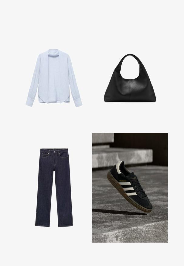 Lichtblauw, langetermijnshirt van textiel met een open voorkant en een subtiele kraag. Heeft gefronste mouwen en een comfortabele pasvorm.; Donkerblauwe denim jeans met een rechte pijpontwerp, voorzien van vijf zakken en contrasterende stiksels. De zoom heeft zijsplitten voor extra detail.; Zwarte Adidas sneaker met witte strepen en gumzool die boven grijze betonnen trappen zweeft in natuurlijk licht.; Zwarte handtas van getextureerd leer met brede basis en dikke afgeronde handgrepen, met een centrale verticale naad en subtiele stikdetails.