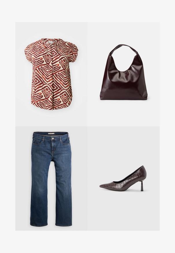 Blusa de manga corta en color crema, decorada con atrevidos patrones geométricos en zigzag en rojo y marrón. Presenta un cuello de banda y cierre frontal con botones.; Pantalones vaqueros de denim azul oscuro con un corte recto, que cuentan con cinco bolsillos, un cierre de botón y detalles de costura sutil a lo largo de las costuras.; Tacones puntiagudos de cuero sintético marrón con textura de cocodrilo, con un tacón delgado y angular y un forro interior suave.; Bolso tote vegan de cuero brillante en burdeos, con una forma suave y escultórica y un asa ancha y curvada para facilitar el transporte.