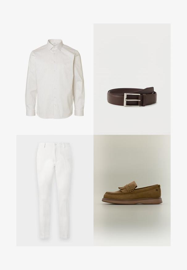 Wit overhemd met lange mouwen en beige verticale strepen, knoopsluiting aan de voorkant, puntige kraag en knoopmanchetten.; Witte broek met een getailleerde pasvorm, voorzien van een gladde voorkant, twee zijzakken en een enkele achterzak. Gemaakt van een soepele stof.; Bruine leren loafer met franjes bovenop en een dikke rubberen zool op een effen lichte achtergrond.; Donkerbruin leren riem met een zilveren rechthoekige gesp, netjes opgerold op een eenvoudige witte achtergrond.