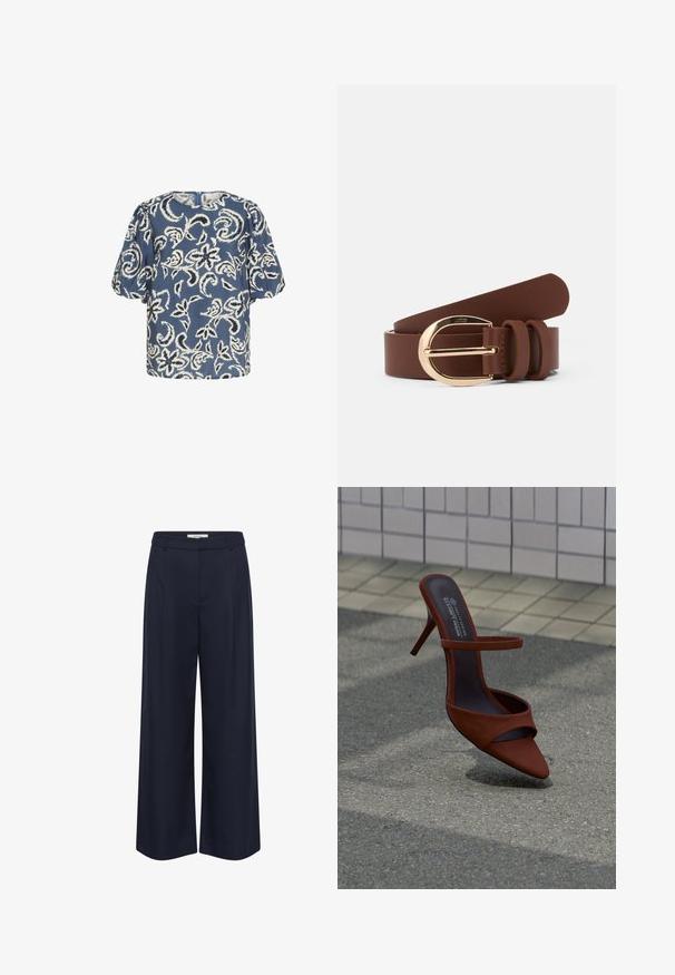 Blusa de manga corta azul con patrón floral blanco, cuello redondo y hombros fruncidos. Tejido suave con un corte ligeramente holgado.; Pantalones azul marino de pierna ancha hechos de tela suave. Presentan una cintura alta, pliegues delanteros y bolsillos laterales. Diseño a medida con líneas limpias.; Zapato de tacón alto marrón con punta afilada y dos tiras sobre un pavimento texturizado junto a una pared de azulejos gris claro.; Cinturón de cuero marrón con una hebilla dorada brillante y dos lazos de cuero. Textura suave, diseño plano y extremos redondeados.