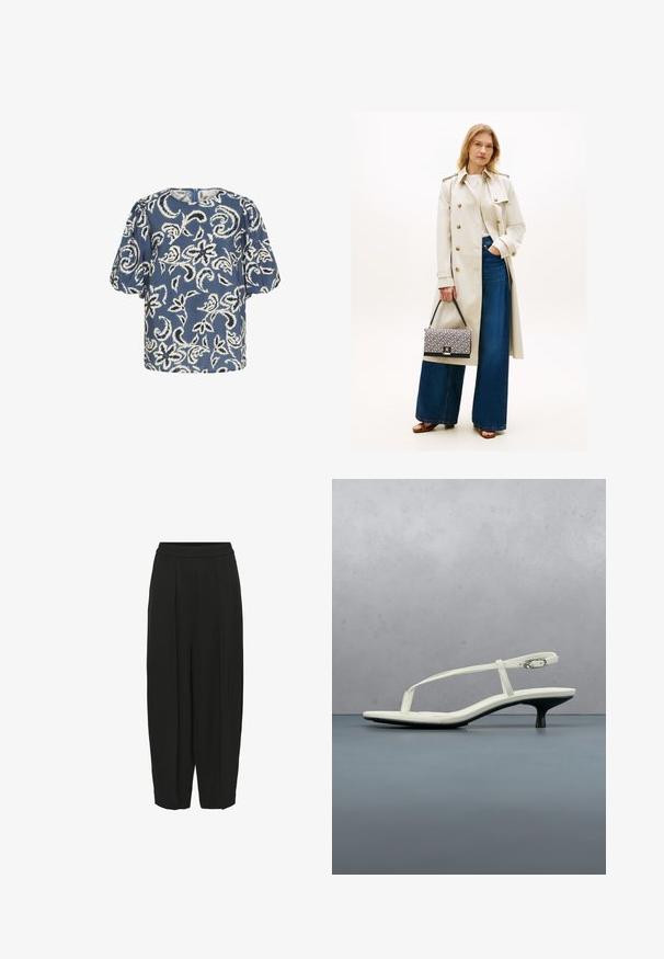 Lysblå bluse med korte ærmer og hvid blomsterprint, rund halsudskæring og rynkede skuldre. Blødt stof med en let løs pasform.; Løstsiddende sorte bukser med elastisk linning, plisseret front og brede, let tilspidsede ben, vist på en ensfarvet hvid baggrund.; Hvid sandal med stropper og kitten-hæl med spids tå, svævende over et trægulv udendørs med en sløret plante og væg i baggrunden.; Kvinde iført beige trenchcoat, hvid top, blå viddebenede jeans, brune sandaler, der holder et mønstret håndtaske med sort strop.