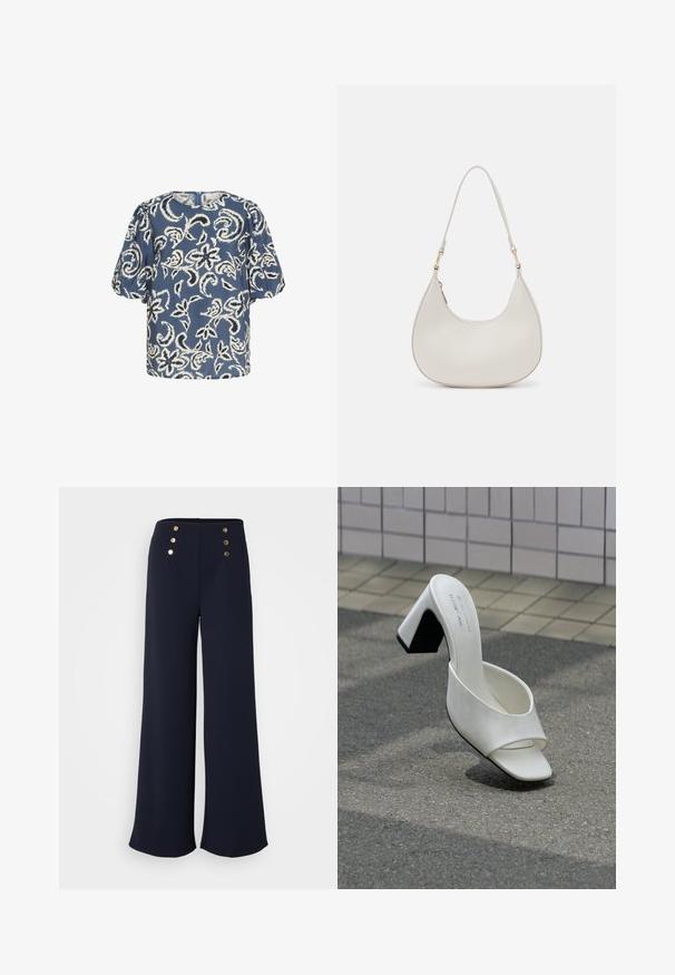 Blusa de manga corta azul con patrón floral blanco, cuello redondo y hombros fruncidos. Tejido suave con un corte ligeramente holgado.; Pantalones de pierna ancha en color navy, confeccionados en una tela suave, que presentan cuatro botones en tono dorado en la cintura de talle alto.; Un mule blanco de punta abierta con tacón cuadrado, sobre asfalto gris frente a una pared con azulejos.; Bolso de hombro de cuero crema con forma de media luna, correa delgada y sutil detalle de costuras. Diseño minimalista con acentos de hardware en tono dorado.