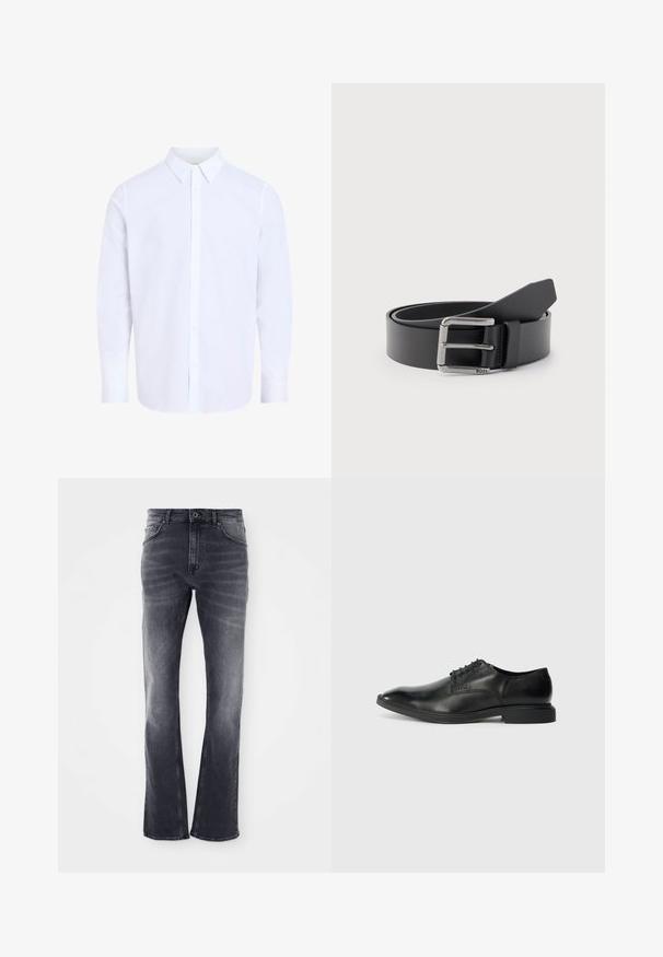 Hvid, langærmet skjorte med knapper, klassisk krave, lavet af glat stof, med knapstolpe foran og afrundet kant.; Grå denim jeans med en udvidet ben-design, der har en let falmet finish, fem lommer og en frontknaplukning.; Sort læder herresko med glat overflade, spids tå, seks snørrehuller og lav, rektangulær hæl. Diskret brandingdetalje på siden.; Sort læderbælte snoet med sølvfarvet rektangulært metalspænde graveret med "BOSS" på en lysegrå baggrund.