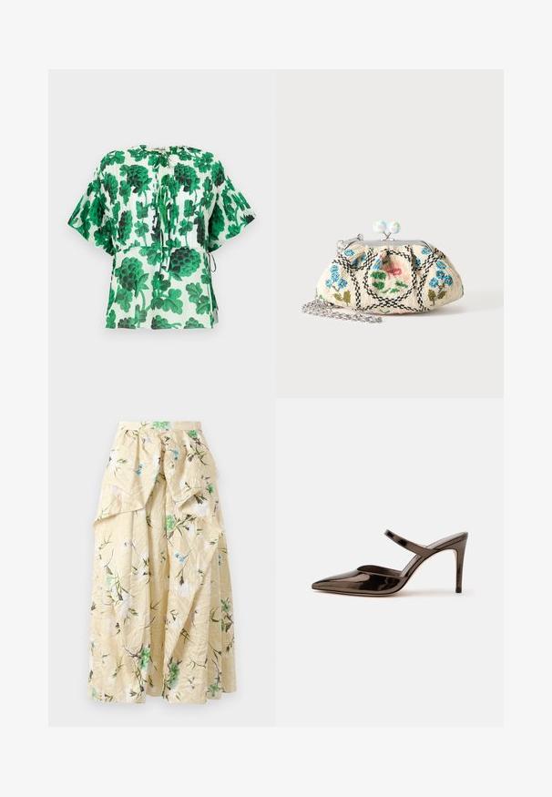 Korte mouw blouse met een groen en zwart bladpatroon op een lichte achtergrond. Heeft een ronde halslijn en trekkoorddetails in de taille.; Bloemen maxi rok in gekreukt gele stof, met groene en blauwe bloemmotieven, een hoge taille en gelaagde volants voor volume.; G glanzende donkerbruine mule met spitsen neus en hoge hak met een smalle band over de wreef op een effen witte achtergrond.; Kleine stoffen beugeltas met bloemenkraalborduursel, metalen frame en zilveren kettingband op een effen lichte achtergrond.