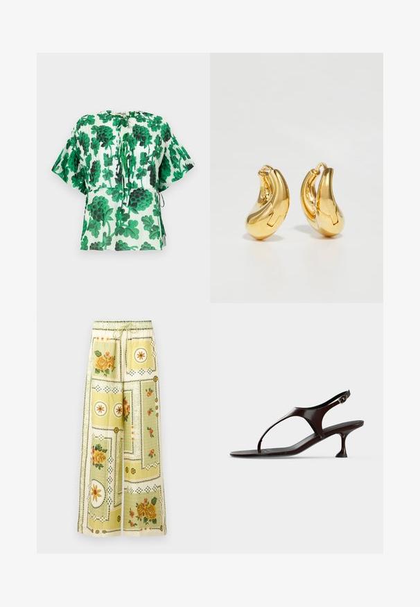 Blouse à manches courtes avec un motif de feuilles vertes et noires sur un fond clair. Dotée d'un col rond et de détails à cordon à la taille.; Pantalon à jambes larges avec motifs patchwork floraux et géométriques jaune clair, ceinturé d'une bande élastique et d'un cordon de serrage.; Sandale slingback en cuir verni marron foncé avec petit talon et bride entre les orteils sur fond blanc.; Boucles d'oreilles en or en forme de d'anneaux lisses et courbés avec une finition polie. Équipées d'un mécanisme de fermeture et de légères indentations pour le détail.