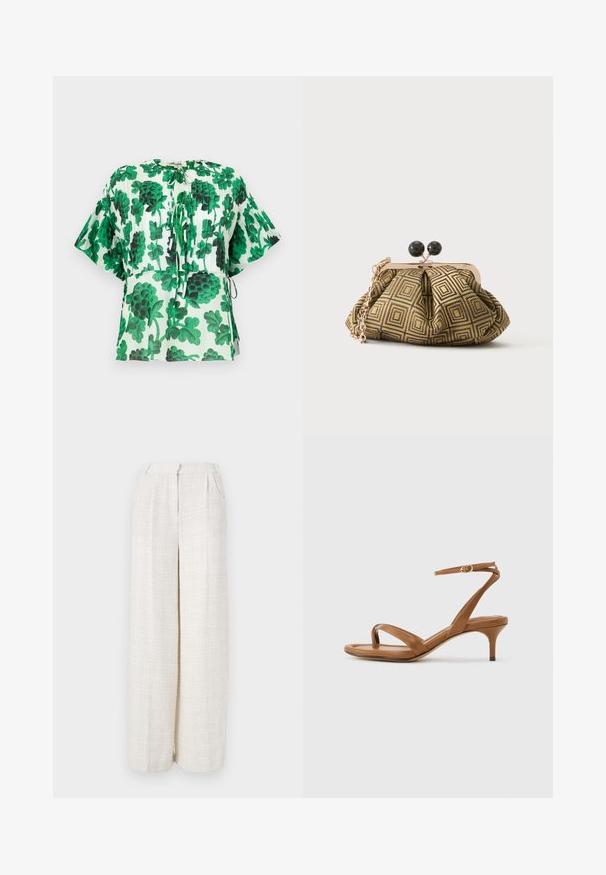Blouse à manches courtes avec un motif de feuilles vertes et noires sur un fond clair. Dotée d'un col rond et de détails à cordon à la taille.; Pantalons larges en tissu beige clair avec un motif tissé texturé. Présentent une taille frontale et pas de fermetures visibles.; Sandale en cuir marron avec lanières, talon bas en forme de petit escarpin et bride à la cheville avec une petite boucle, vue de côté sur un fond uni.; Petite pochette avec motif géométrique doré et noir, cadre en métal doré, fermeture à boule noire et une courte chaîne dorée.