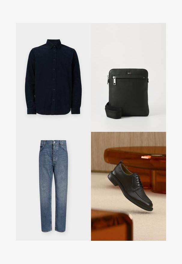 Chemise à manches longues bleu marine en tissu texturé, avec un devant boutonné, un col pointu et des poignets boutonnés.; Jean droit en denim bleu avec taille haute, fermeture à boutons sur le devant et design à cinq poches sur un fond clair uni.; Chaussure habillée noire en cuir à lacets avec devant texturé, flottant au-dessus d'un tapis beige dans une pièce moderne avec des meubles teintés d'ambre.; Sac bandoulière en cuir noir avec un design plat, surface texturée, fermeture éclair, poche avant et une sangle en tissu ajustable.