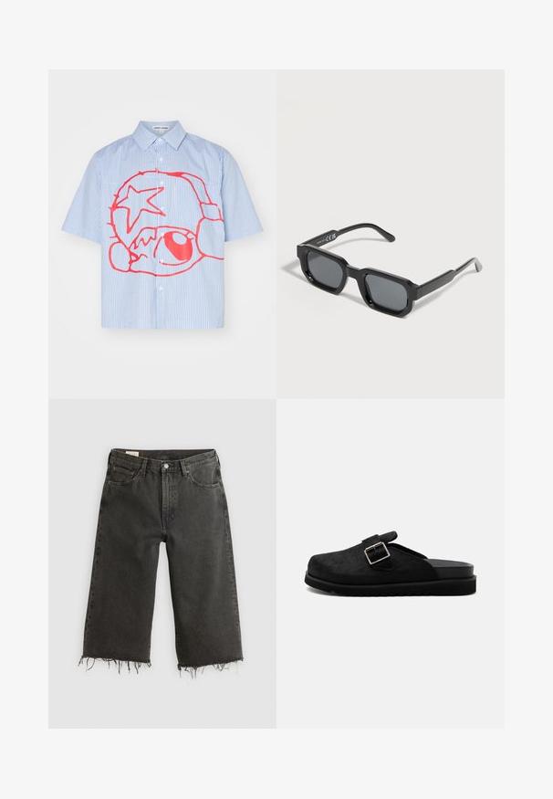 Korte mouw knopsluiting shirt met lichtblauwe en witte strepen, met een opvallend rood grafisch ontwerp met een ster en cirkelvormige vormen.; Zwarte raw hem wide-leg jeans van denim, met een vijf-pocket ontwerp en metalen knoopsluiting. De textuur is licht ruw.; Zwarte slip-on klomp met gestructureerde bovenkant, zilverkleurige gesp en dikke geribbelde zool, zijaanzicht op witte achtergrond.; Zwarte rechthoekige zonnebril met dikke monturen en donker getinte glazen, schuin geplaatst op een witte achtergrond.