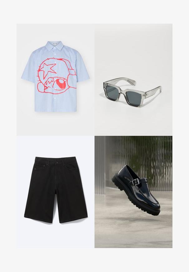 Korte mouw knopsluiting shirt met lichtblauwe en witte strepen, met een opvallend rood grafisch ontwerp met een ster en cirkelvormige vormen.; Zwarte denim short tot op de knie met voorste knoop, riemlussen en vijf zakken, afgebeeld tegen een witte achtergrond.; Zwarte gepolijste lederen schoen met een ronde neus, decoratieve stiksels en een gespsluiting op een dikke rubberen zool.; Duidelijke, oversized zonnebril met donkere lenzen, met een chunky rechthoekig montuur en getextureerde accents op de pootjes. Gemaakt van transparant plastic.