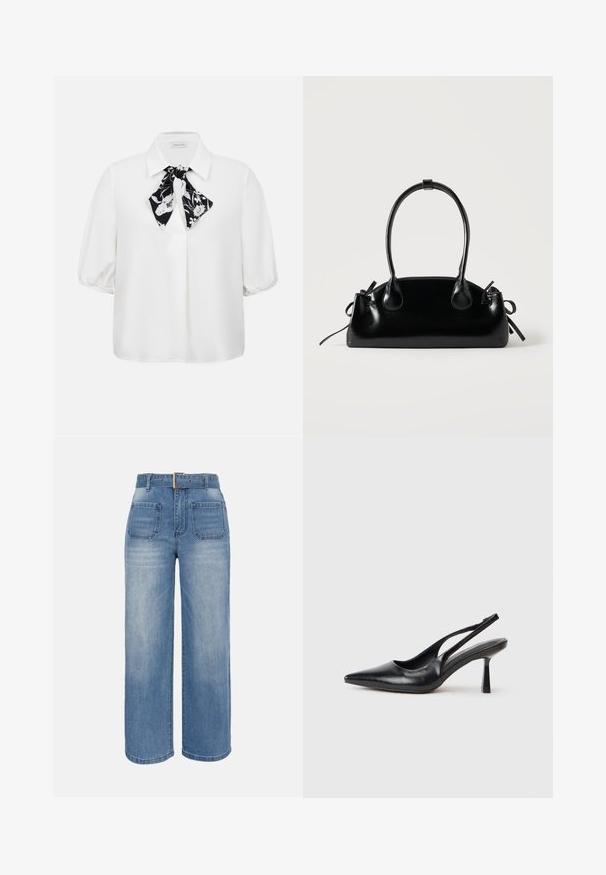 Blouse blanche à manches courtes avec col et foulard fleuri noir et blanc noué au niveau du col.; Jean en denim bleu à taille haute et jambes larges, avec poches plaquées à l'avant et ceinture assortie munie d'une boucle carrée en métal.; Chaussure à talon haut en cuir noir, à bride arrière, avec un bout pointu et un talon fin sur fond blanc.; Petit sac à main noir brillant avec deux longues anses et des détails à cordon sur les côtés sur un fond clair uni.