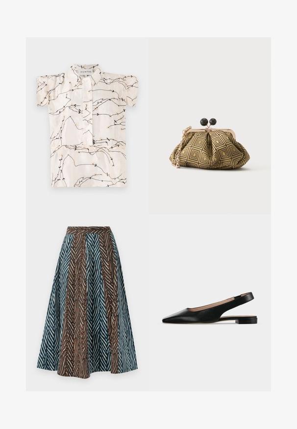 Blouse à manches courtes en tissu crème présentant des broderies florales noires et beiges, avec une fermeture à boutons sur le devant et un col classique.; Jupe midi marron et bleue avec un motif zigzag, un design plissé et une taille ajustée. Fabriquée en tissu léger.; Chaussure plate en cuir noir avec bride arrière, bout pointu et petit talon carré sur fond blanc.; Petite pochette avec motif géométrique doré et noir, cadre en métal doré, fermeture à boule noire et une courte chaîne dorée.