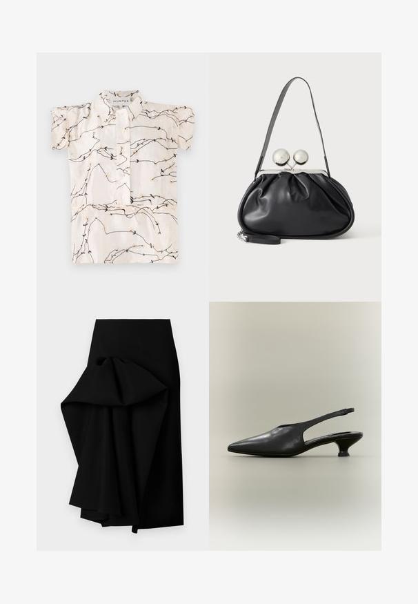 Blouse à manches courtes en tissu crème présentant des broderies florales noires et beiges, avec une fermeture à boutons sur le devant et un col classique.; Jupe noire en tissu lisse, présentant un design drapé surdimensionné d'un côté, formant un ourlet asymétrique.; Chaussure à bride arrière en cuir noir avec bout pointu et petit talon bas sur fond neutre.; Sac à main en cuir noir avec un design plissé, une sangle unique, un cadre métallique argenté et deux grandes fermoirs ronds en argent.