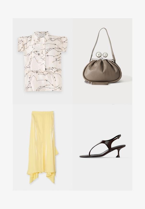 Blouse à manches courtes en tissu crème présentant des broderies florales noires et beiges, avec une fermeture à boutons sur le devant et un col classique.; Jupe midi jaune avec un ourlet asymétrique, fabriquée en tissu brillant et lisse. Elle présente une taille ajustée et une silhouette fluide.; Sandale slingback en cuir verni marron foncé avec petit talon et bride entre les orteils sur fond blanc.; Sac à main en cuir gris de forme arrondie, fermeture supérieure avec deux grandes sphères argentées, et une seule anse.