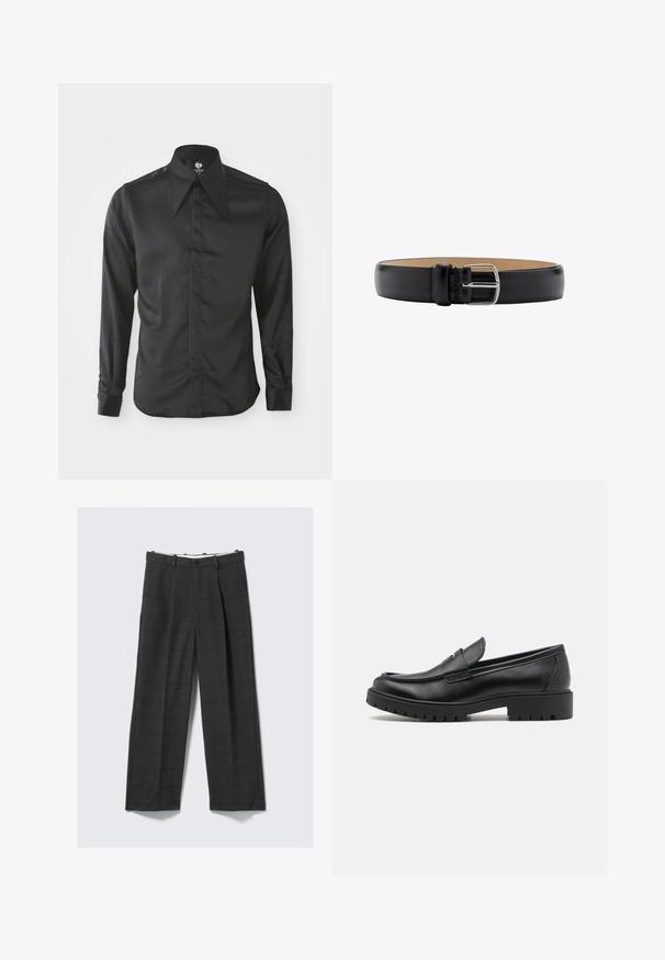 Chemise noire à manches longues en tissu lisse. Dotée d'un col pointu, d'une fermeture à boutons sur le devant et de manches ajustées avec des poignets à boutons.; Pantalons larges, gris foncé, avec un motif à carreaux, confectionnés dans un tissu texturé. Dotés d'une fermeture à bouton et de deux poches latérales.; Mocassins en cuir noir avec un bout arrondi, un design à enfiler et une semelle en caoutchouc épaisse avec une texture antidérapante. Talon surélevé et détails de surpiqûre subtils.; Ceinture en cuir noir avec une boucle en métal argenté brillant, présentant une texture lisse et un design minimaliste. L'intérieur est beige.