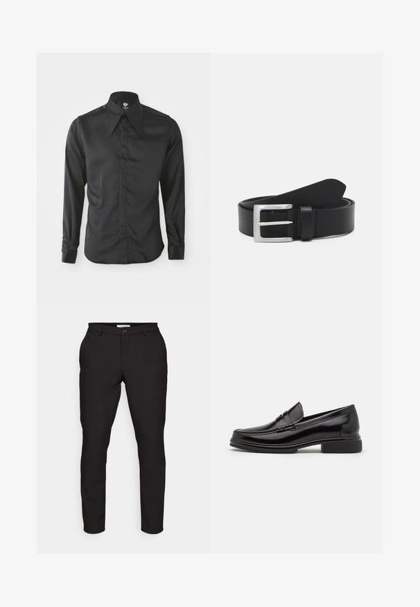 Chemise noire à manches longues en tissu lisse. Dotée d'un col pointu, d'une fermeture à boutons sur le devant et de manches ajustées avec des poignets à boutons.; Pantalons noirs ajustés avec une coupe slim. Comprend une fermeture à glissière, un bouton, des poches latérales et un tissu lisse et léger.; Mocassins en cuir noir avec un embout arrondi, présentant un détail cousu sur le dessus, et un petit talon carré. Texture lisse et finition brillante.; Ceinture en cuir noir avec une texture lisse, boucle rectangulaire en argent et une boucle pour l'extrémité. Présente des coutures soignées le long des bords.