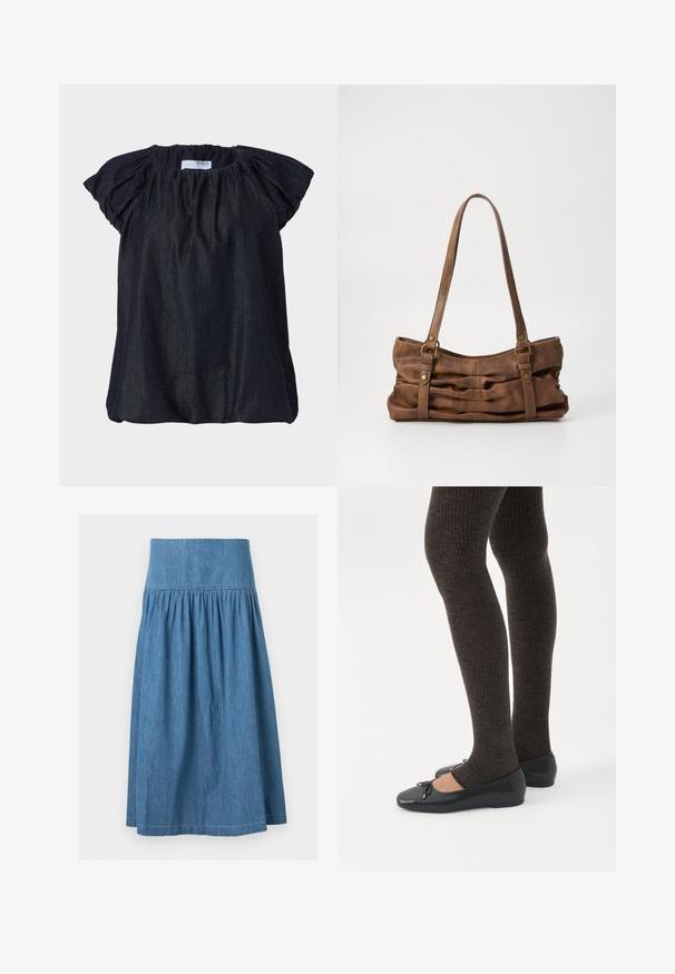 Blusa de manga corta azul oscuro con tejido recogido en el escote y suaves mangas fruncidas. Confeccionada en material ligero y texturizado.; Falda vaquera azul de longitud media con una amplia cinturilla elástica y tela fruncida para una silueta ligeramente acampanada.; Piernas con leggings oscuros acanalados combinados con bailarinas negras que presentan pequeños detalles de lazo sobre un fondo blanco.; Even&Odd Bolso de mano - brown