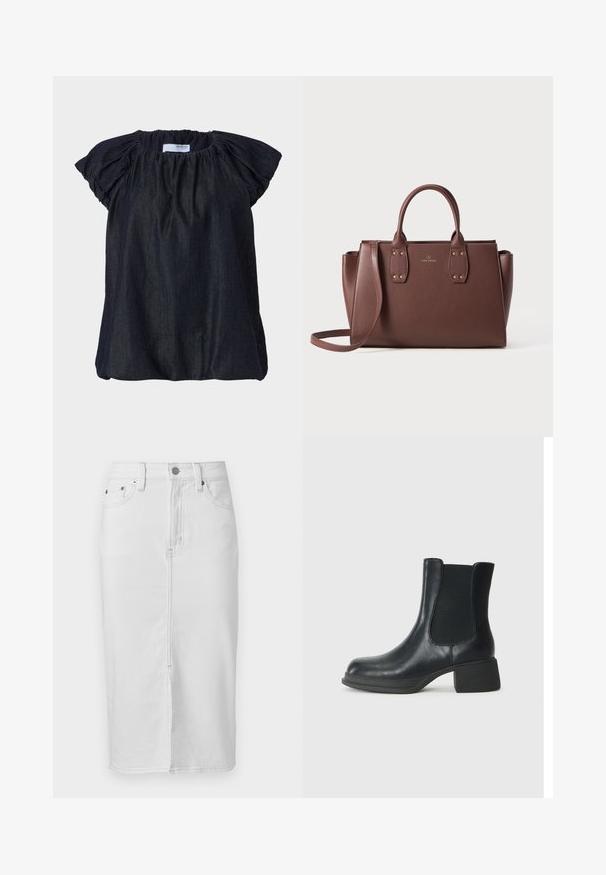 Mørkeblå kortærmet bluse med samlet stof ved halsudskæringen og bløde, rynkede ærmer. Fremstillet af letvægts, tekstureret materiale.; Hvid knælængde denimskørt med frontssøm, bæltestropper, knap og to forlommer.; Sort læder ankelstøvle med elastiske sidepaneler, rund tå og en lav blokhæl. Overfladen har en glat struktur og minimal detaljer.; Brun læderhåndtaske med to håndtag, justerbar skulderrem, hardware i guldfarve og en struktureret form. Elegant brandingdetalje til stede.