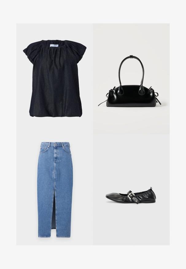 Mørkeblå kortærmet bluse med samlet stof ved halsudskæringen og bløde, rynkede ærmer. Fremstillet af letvægts, tekstureret materiale.; Lyseblå denim midi-nederdel med en frontslids, klassisk fem-lomme design og lukning med topknap. Stoffet har en let struktur.; Sorte læder flade sko med spids tå, samling detaljer omkring åbningen, og en sølv spænde accent på den justerbare rem.; Lille sort blank håndtaske med to lange håndtag og snøre-detaljer i siden på en ensfarvet lys baggrund.