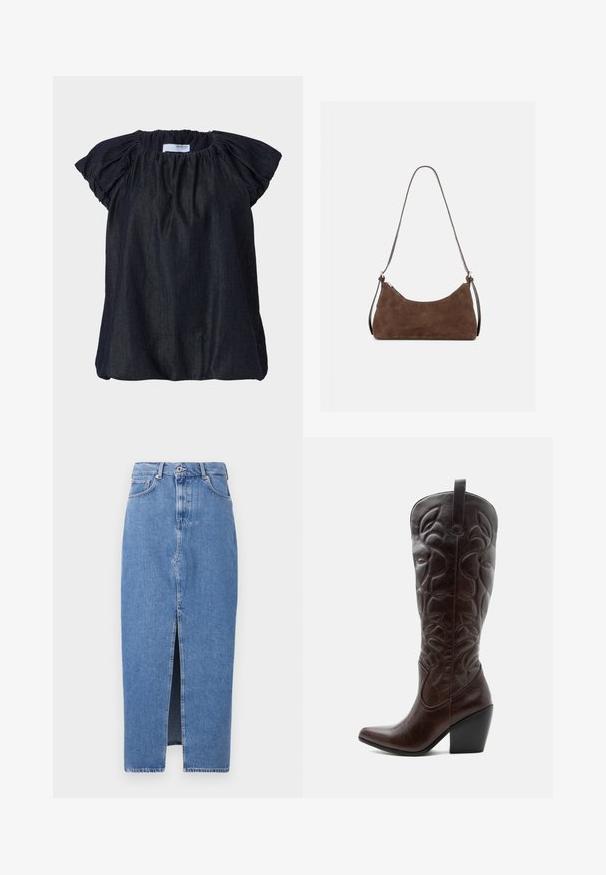 Donkerblauwe blouse met korte mouwen, met geplooid materiaal bij de halslijn en zachte, gerimpelde mouwen. Gemaakt van lichte, gestructureerde stof.; Lichtblauwe denim midi-jurk met een voorkant split, klassieke vijf zakken ontwerp en sluiting met bovenste knoop. De stof heeft een lichte textuur.; Lange donkerbruine leren cowboylaars met gestikte decoratieve patronen, spitse neus en gestapelde blokhak.; Bruine suède schoudertas met een gebogen bovenrits en een dunne verstelbare band, afgebeeld tegen een effen lichte achtergrond.