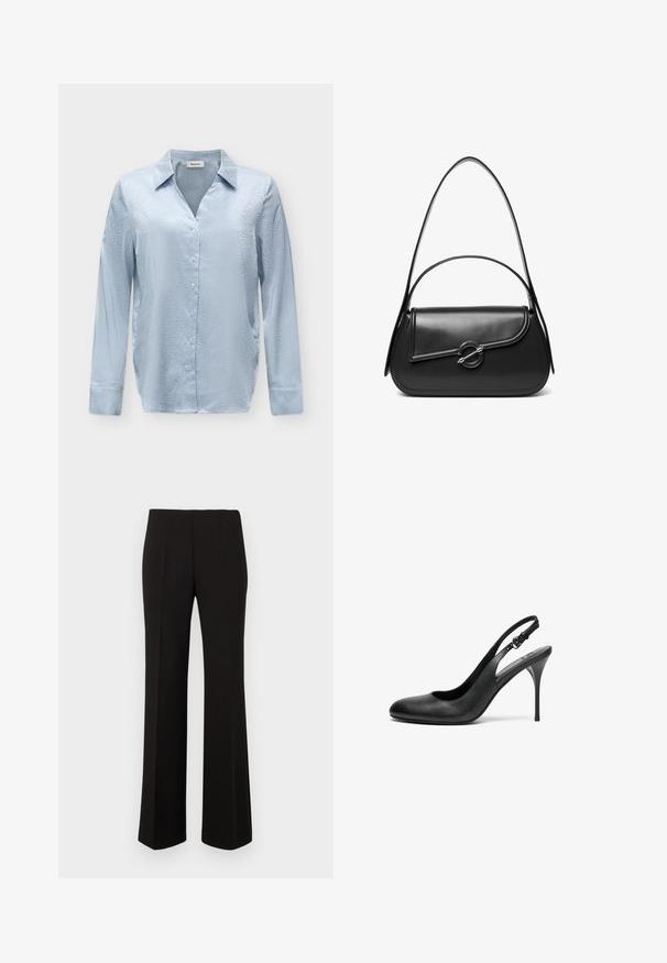 Blouse longue en satin bleu clair avec un motif léopard subtil, fermeture boutonnée sur le devant et col classique sur un fond neutre.; Pantalons droits noirs sur mesure avec taille haute et plis devant, présentés sur un fond uni.; Escarpin slingback en cuir noir avec un bout pointu, un talon aiguille fin et une sangle ajustable. Texture lisse et design minimaliste.; Sac à bandoulière en cuir noir avec un rabat incurvé fermé par un fermoir métallique rond et une sangle fine et ajustable.