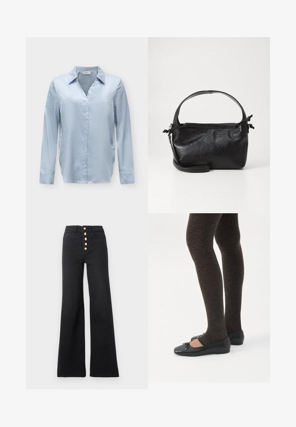 Blouse longue en satin bleu clair avec un motif léopard subtil, fermeture boutonnée sur le devant et col classique sur un fond neutre.; Jean noir taille haute à jambes larges avec cinq boutons dorés à l'avant et poches avant, présenté sur un fond blanc uni.; Jambes portant des leggings côtelés foncés associés à des ballerines noires avec de petits détails en nœud sur fond blanc.; Sac à main en cuir noir au design structuré, avec une poignée arrondie et une bandoulière amovible. Présente une texture lisse et un éclat subtil.