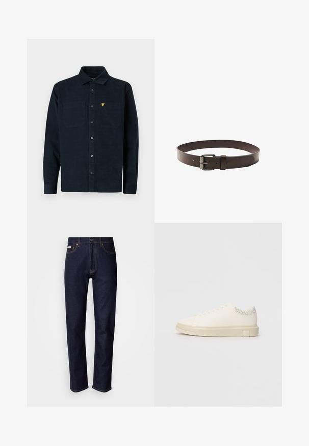 Mørkeblå kordfløjlsskjorte med knaplukning, to brystlommer og et lille gult logo på venstre lomme.; Mørkeblå denimjeans med lige ben, lukning med øverste knap, fem-lommes design, kontrastsyninger og en glat tekstur.; Hvide sneakers med en glat lærredsoverdel, flade snørebånd, polstret krave og en struktureret grå detalje bagpå. Kraftig gummisål.; Mørkebrun læderbælte med sølvrektangulært spænde, en løkke og to udstansede huller, lagt fladt mod en hvid baggrund.