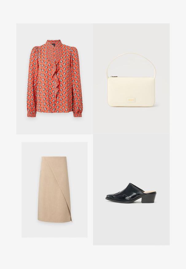 Blouse rouge à manches longues, col à volants, imprimé géométrique en orange, noir et crème. Tissu léger à texture lisse.; Jupe portefeuille beige longueur genou avec un tissu subtilement texturé et un détail de superposition asymétrique à l'avant.; Mules en cuir verni noir avec un bout pointu, un design courbé et un petit talon bloc, ornés de piqûres décoratives sur le dessus.; Sac à main rectangulaire de couleur crème avec une seule sangle et une fermeture éclair sur le dessus, comportant une petite plaque de logo embossé à l'avant.