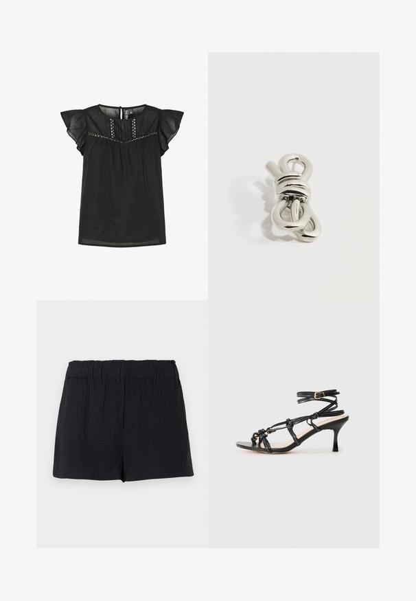 Haut noir à manches courtes avec des manches volantes, présentant un col rond, des coutures décoratives le long du plastron, et une ouverture en forme de trou de serrure à l'arrière.; Shorts en tissu noir texturé avec une taille élastique et une coupe ample et décontractée.; Sandale à talons hauts en cuir verni noir avec un design à lanières, sangle de cheville ajustable et détails noués. Texture lisse, bout pointu.; Anneau argenté lisse en forme de nœud décoratif avec des boucles se chevauchant sur un fond blanc uni.