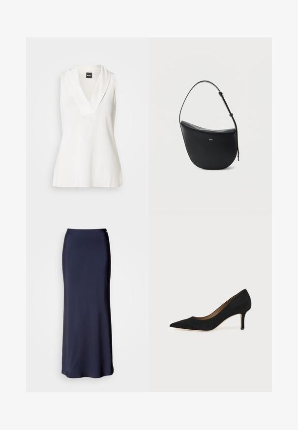 Haut blanc sans manches avec un col en forme de V, doté d'un col drapé et d'une texture lisse légèrement brillante. Idéal pour être superposé.; Jupe maxi en satin bleu marine avec une texture lisse, une silhouette droite et une subtile fente latérale. Elle dispose d'une taille et de détails minimaux.; Escarpin en daim noir à bout pointu avec un talon stiletto fin de hauteur moyenne et un design à coupe basse sur un fond uni.; Sac à bandoulière en cuir noir en forme de demi-lune avec une bandoulière réglable et le logo doré « BOSS » centré sur le devant.