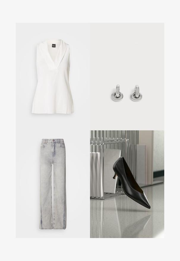 Haut blanc sans manches avec un col en forme de V, doté d'un col drapé et d'une texture lisse légèrement brillante. Idéal pour être superposé.; Jean large en denim bleu clair avec un délavage, doté d'une fermeture éclair, de cinq poches et de coutures contrastantes.; Chaussure en cuir noir à bout pointu et talon kitten flottant au-dessus d'un sol gris moucheté, à côté d'un organiseur de fichiers en métal contenant des dossiers.; Paire de petites boucles d'oreilles créoles argentées brillantes avec une base ronde, présentées sur un fond clair uni.