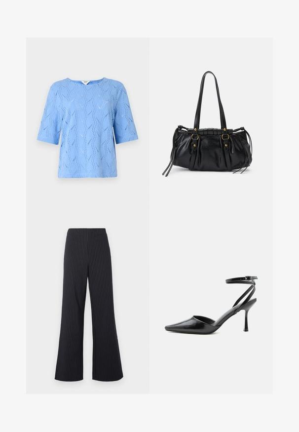 Un haut bleu clair à manches courtes avec un motif de vagues et des détails découpés. Encolure ronde, coupe décontractée, fabriqué en tissu texturé.; Pantalon large noir à rayures blanches verticales fines, avec taille élastique et texture de tissu lisse, offrant une coupe décontractée et un look élégant.; Escarpin noir à bout pointu avec fines brides de cheville et fermeture à boucle argentée sur fond clair uni.; Sac à main en cuir noir avec une forme arrondie, deux poignées, des accents en matériel décoratif et des détails de liens sur les côtés. Texture lisse et brillante.